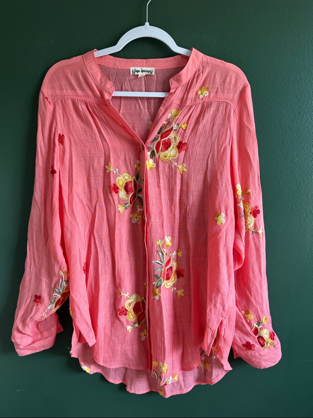 Hope Springs Embroidered Coral Pink  Blouse Size Large